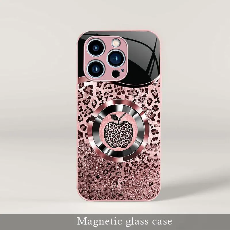 Trending Affordable Luxury Pink Glitter MagSafe Glass Phone Case for iPhone 13 Pro, Magnetic Phone Accessory with Mermaid Scales, Leopard Print - 9435, Accessories