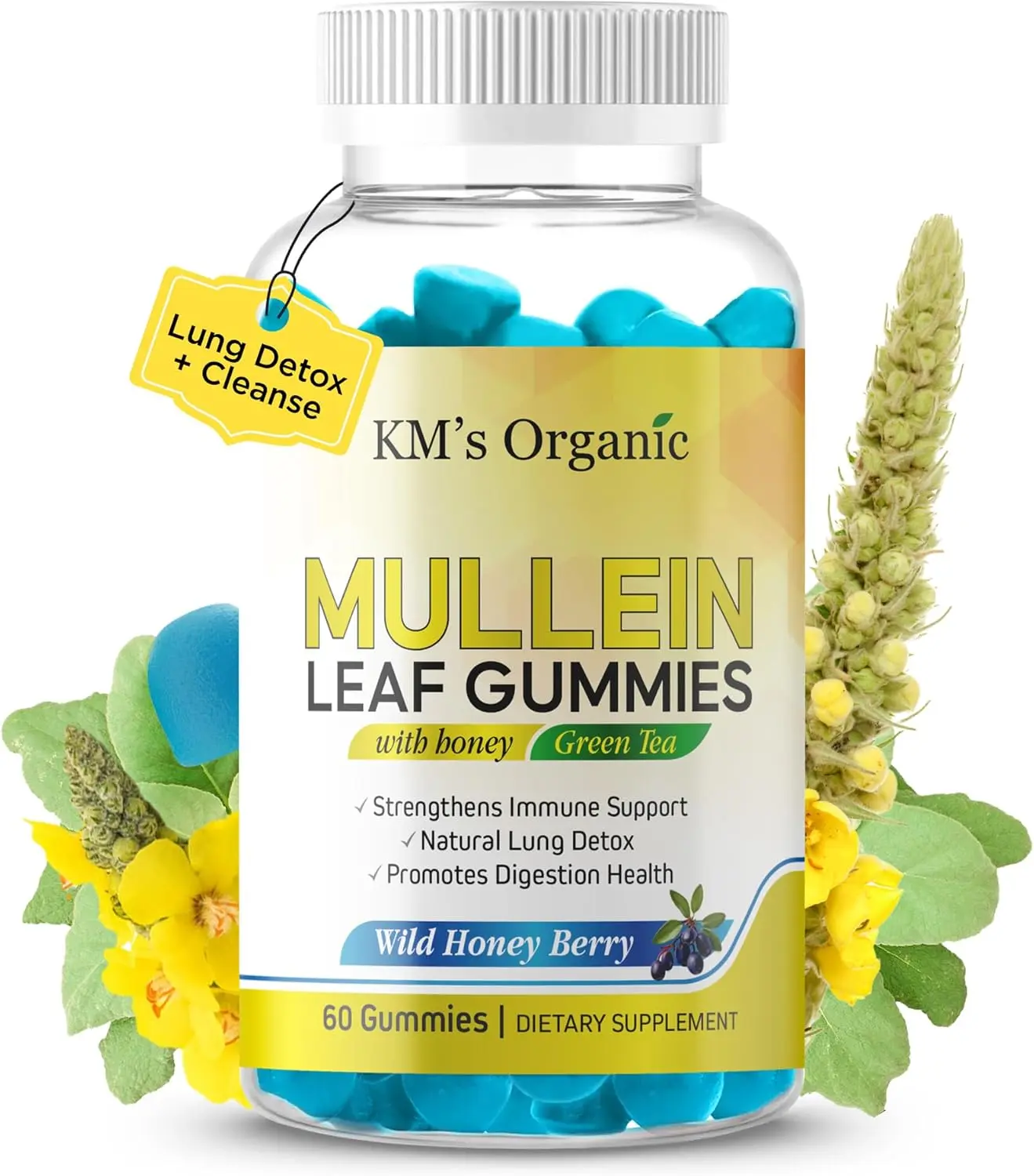 Mullein Gummies for Lung Cleanse & Detox - 1000mg Respiratory Support, Immune Boost with Mullein Leaf Extract, Quercetin, Bromelain, Honey & Green Tea - GMP Certified, 60 Count