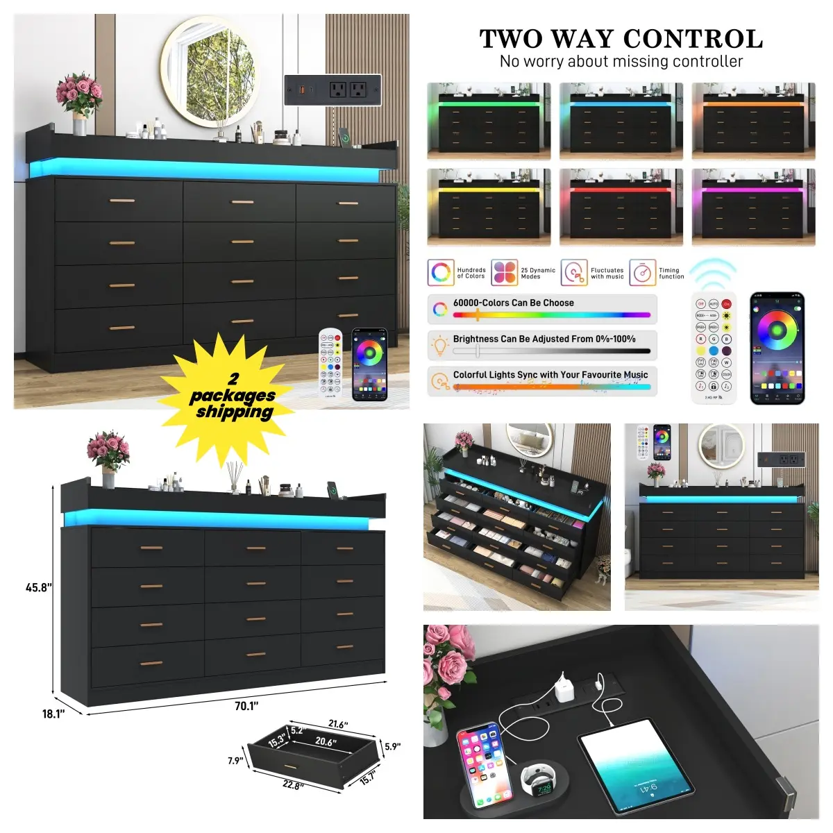 Black-0915-12 Drawer-70"W 