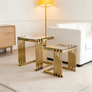 2 Pieces Luxury Nesting Table for Living Room Modern Rectangle Table set 2 with Clear Tempered Glass Top and Gold Stainless Steel Frame Easy to Assemble and Clean with C-shape Suit for Couch Sofa