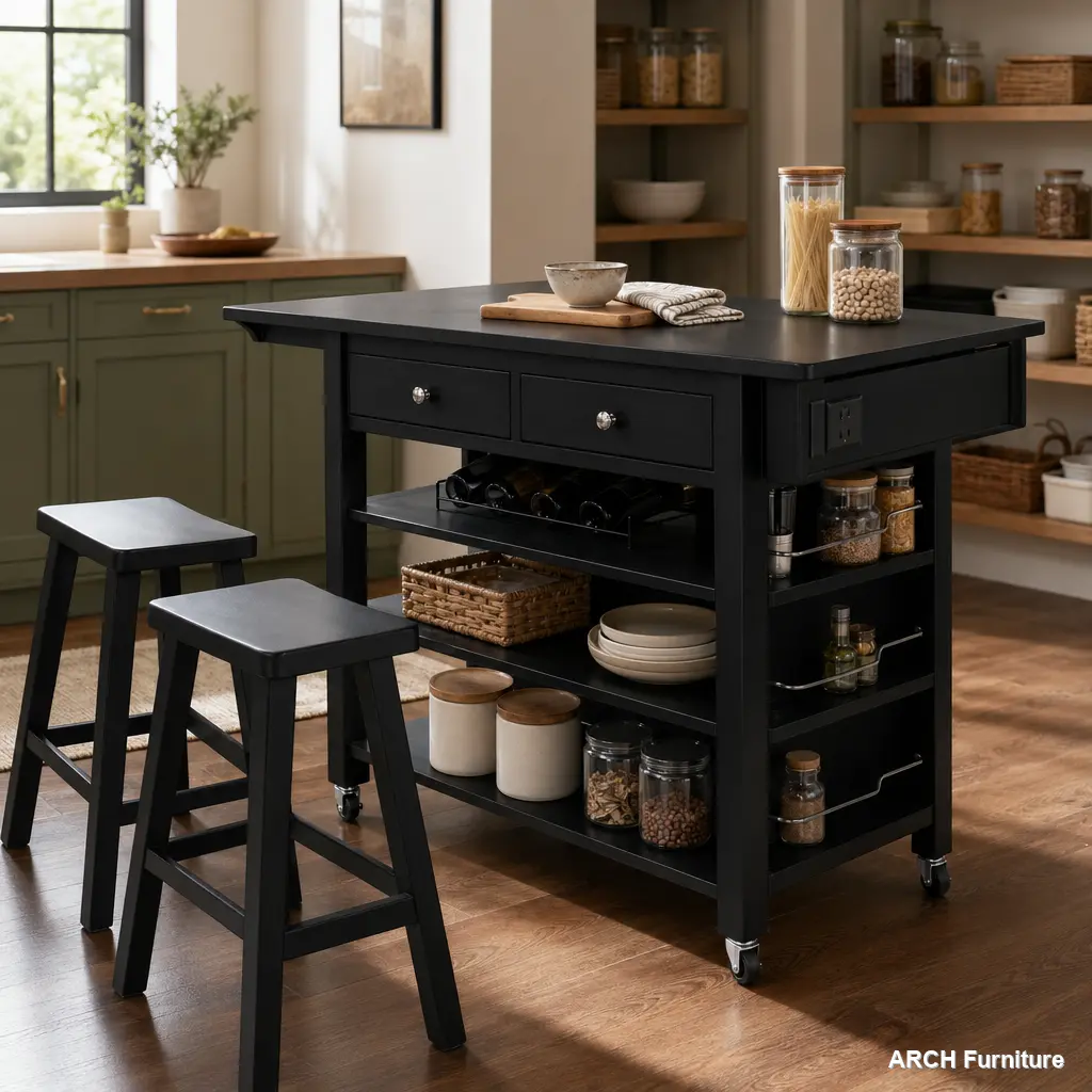 48-in Arch Freestanding Large Kitchen Island (with 2 Bar Stools) - Black, Adjustable, Heavy-Duty Sturdy Wood, Compartmentalized Kitchen Furniture, 5-Wheel Cart, Drop Leaf, Power Outlet, Racks, Drawers, Solid Wood Legs (Old SKU N707S000015B, 3 Packages), U