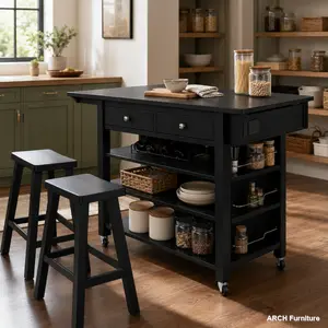 48 in ARCH Kitchen Island with 2 Bar Stools, Power Outlet, Internal Rack, 5-Wheel Cart, Drop Leaf, 5 Open Side Racks, Drawers, Solid Wood Legs, Black Storage Organization Furniture for Adults (Old SKU N707S000015B, 3 Packages)