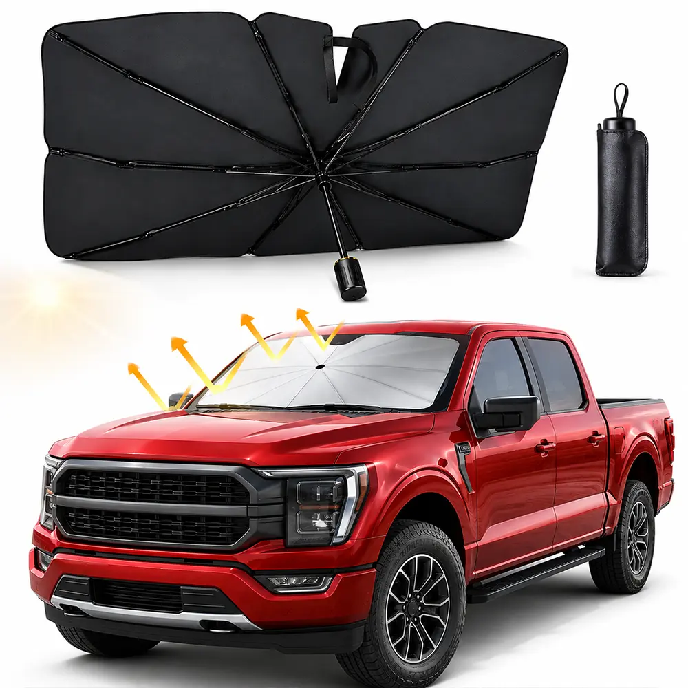Upgraded Reflective Car Windshield Sun Shade Umbrella, Large Foldable Pop Up Auto Front Window Heat Insulation Cover, 99% UVA UVB Blocker Cooling Anti-Aging Shield for Sedan SUV Pickup Truck MPV Van, Portable Summer Automotive Interior Accessories