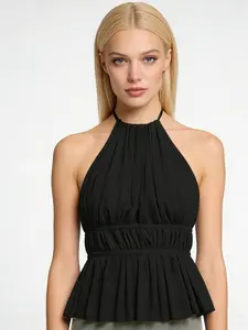 A two-piece women's solid-colored halter chiffon top with pleats, a cinched waist, Fitted, and ruffled hem. The style is elegant, minimalist, perfect for summer parties, beach vacations, romantic dates, and other social occasions