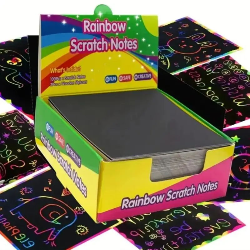 Magic Scratch Paper Set, 100 Sheets Per Box, Creative Rainbow Scratch Paper with 2 Wooden Pens, Durable Drawing Pad, Perfect for Birthdays, Graduations, Office, School