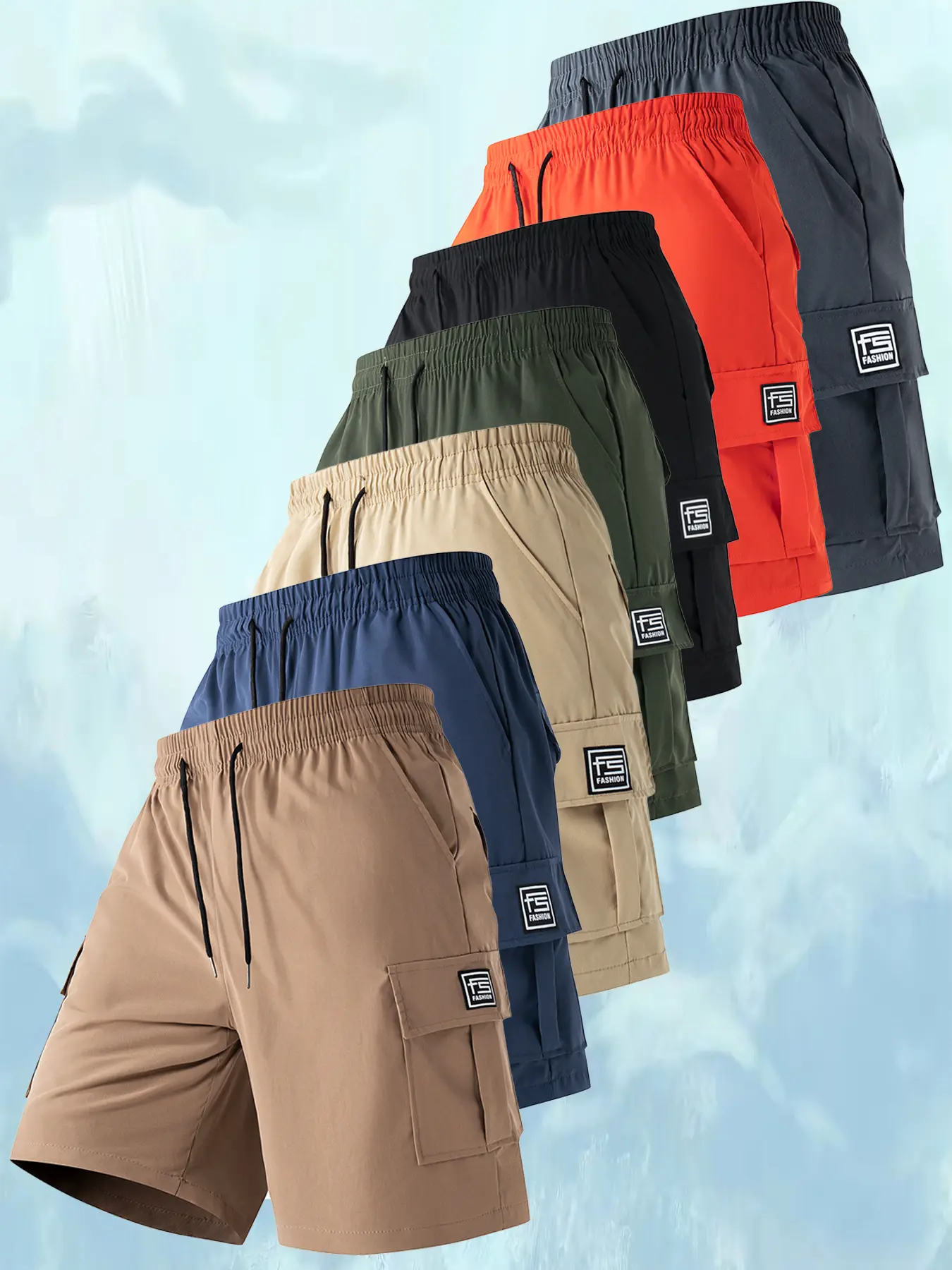 Men’s 7-Pack Quick-Dry Cargo Shorts - Menswear Fabric, Breathable, Multipocket, Drawstring, Loose-Fitting, Color-Mixed Casual Sports Bottoms, Men's Cargo Shorts, Color-Mixed Men's Shorts
