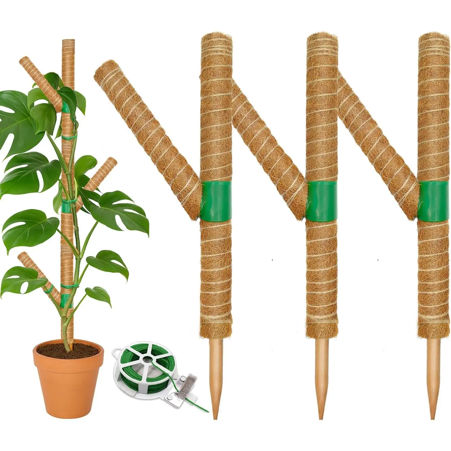 Coco Coir Coconut Fiber Moss Poles for Climbing Indoor Houseplants - 3-Pack 15.7in Stackable, Durable, Extendable, Flexible Vertical Supports with Ties, Synthetic Branching Design for Monstera, Supports Vines