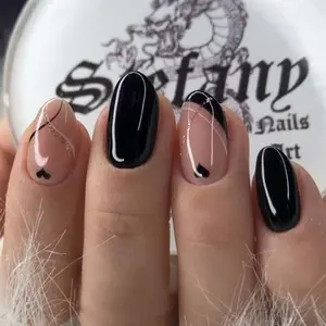 24pcs Short Square Nail Tips, Pure Base with Nude Heart Silver Line Mix, Easy Stick Remove Waterproof Durable