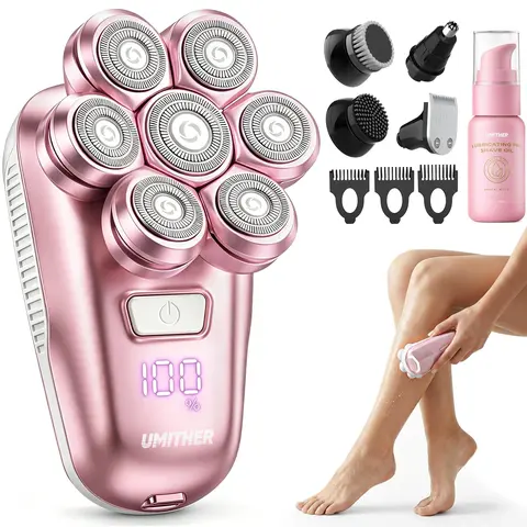 7D Electric Shaver for Women & Men, 5-in-1 Multifunctional Women's Electric Razor with 7D Magnetic Shaver Heads, Waterproof Wet Dry Trimmer Kit, Body Hair Trimmer,Head Shavers for Bald Men,Nose Ear Hair Trimmer,USB Rechargeable Clippers,Pink,Black,Purple