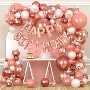 Rose Gold Balloon Arch Kit Pearl White Rose Gold Confetti Balloons Garland with Happy Birthday Foil Letter Balloons Star Balloons for Birthday Party Decorations