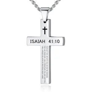 REVEMCN Inspirational Bible Verse Cross Necklace for Men Boys, Stainless Steel Plain Black Silver Cross Pendant Necklace for Men 20-24 Inches Curb Chain Faith Jewelry Gift