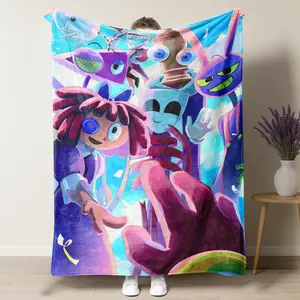 The Amazing Digital Circus Sunny Group Flannel Blanket – Ragatha & Friends Bright Sky Print, Ultra Soft Throw for TADC Fans
