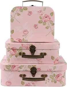 Set of 3 Paperboard Suitcases Storage Box Storage Gift Boxes With Lids for Photo Storage Home Decoration, Wedding, Birthday, Anniversary and New Year Gift Decoration (3Pcs, Pink Flowers)