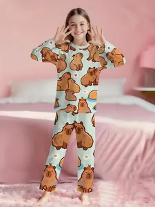 cuddly heart capybara 2-piece girls' digital printed long-sleeve pajamas with extended pants, made of flame-retardant fabric. A fashionable, comfortable and soft pajama set, suitable for sleeping and home leisure. Cartoon Print Pajama 100% polyeste