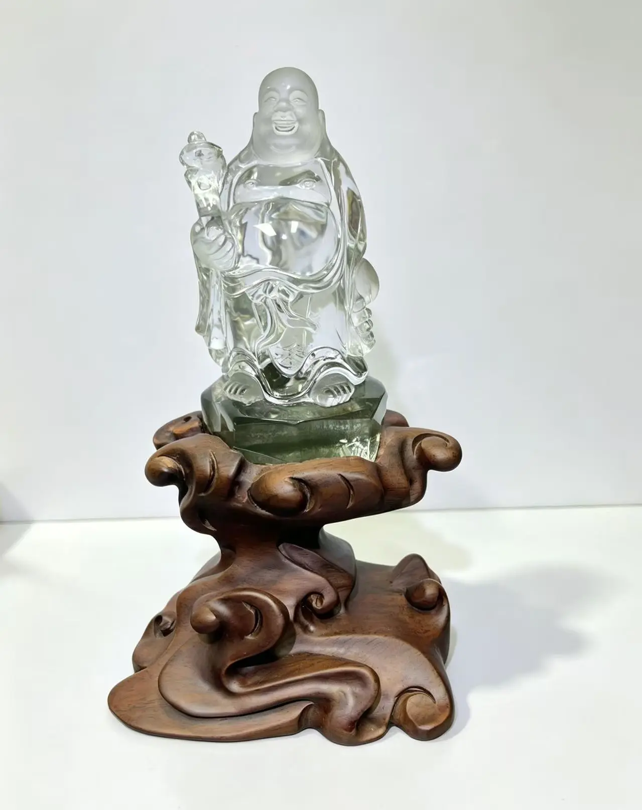 Hand Carved Clear Quartz Laughing Buddha Crystal Figurine Green Phantom Quartz Base