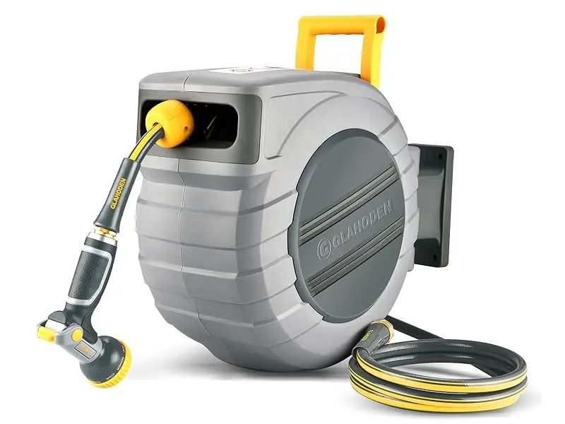 GLAHODEN Retractable Hose Reel, Max 130 FT / 115 FT / 100FT / 90FT / 65FT Garden Water Hose Reel with 9-Pattern Nozzle, 180° Swivel Bracket Wall-Mount