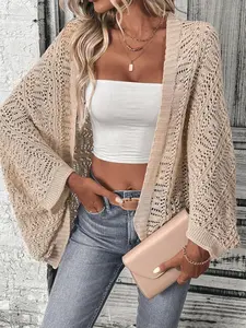 Women's Casual Knitted Cardigan Long Sleeve with Openwork Crochet Design, Ideal for Spring Summer and Autumn Wear, Knitwear Tops