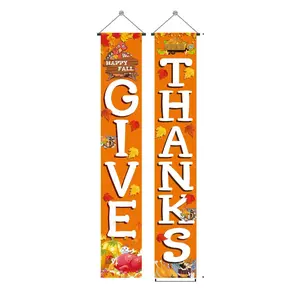 Give Thanks Hanging Banner Porch Sign, Autumn Pumpkin and Maple Leaf Fall Harvest Backdrop Flag, Thanksgiving Party Decorations for Indoor and Outdoor Use, 72" x 12"inches