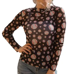 Znacicc Women's Sporty Athletic Football/Baseball/Softball Long Sleeve Mock Neck Top Breathable Stretchy See Through Mesh with Sheer Ball Prints Gym Sweatwear Workout Shirt