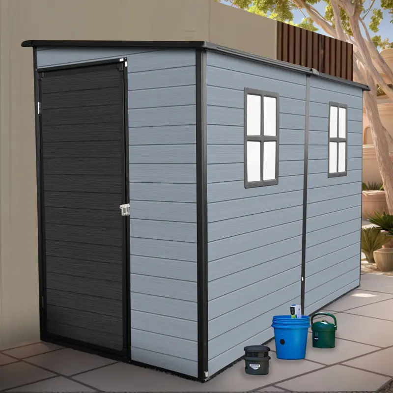 Bellemave 4x8ft Resin & Metal Outdoor Garden Shed with Steel Frame, Large Panels, Floor, 2 Windows, Lockable Door, Gray+Black Plastic Patio Storage for Garden Tools, Bicycles