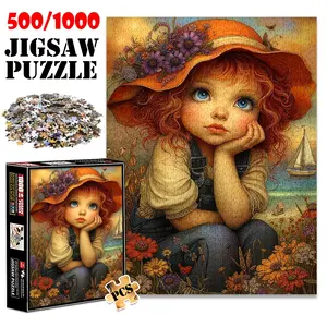1pc 1000 piece adult puzzle 70x50cm Girl with Orange Floral - Hat by the Seaside 500 pieces of paper jigsaw puzzle, suitable for adults and families, large-scale DIY puzzle interactive toy games