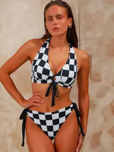 Women's Plaid Triangle Bikini Set, Sleeveless Fitted Design, Natural Waist Tie Back Swimsuit, Casual Beachwear for Women, Drawstring Swimsuit Set, Plaid Print Bikini Bottom