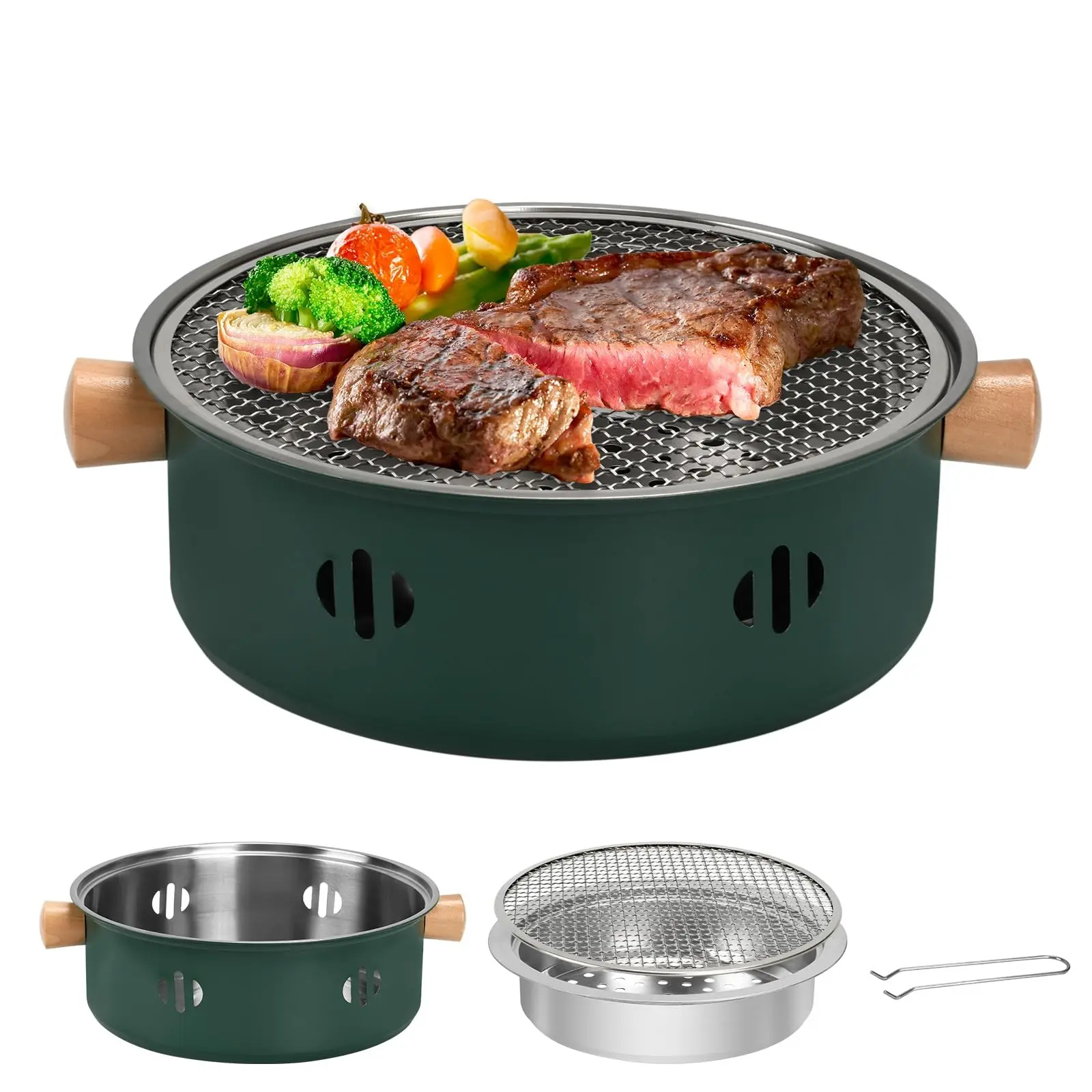 Portable Charcoal BBQ Grill, Mini Multifunctional Smokeless Round Tabletop Charcoal Grill, Indoor Outdoor Cooking, Home Picnic Camping, Green, Stainless, Barbecue Grill