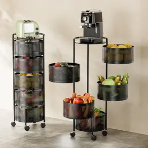 1 Rotatable Multi-Layer Circular Storage Rack, Floor-Standing Rotating Vegetable Basket Organizer, Multi-Layer Rotating Rack for Miscellaneous Items and Fruits, Practical Storage Shelf, Multifunctional Organizer, Metal Basket Rack with Wheels (Black)