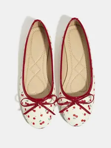 Women's Elegant Round Toe Ballet Flats, Cherry Bow Mary Jane Shoes, Slip-On Flat Sandals, All-Season PU Leather, Rubber Sole