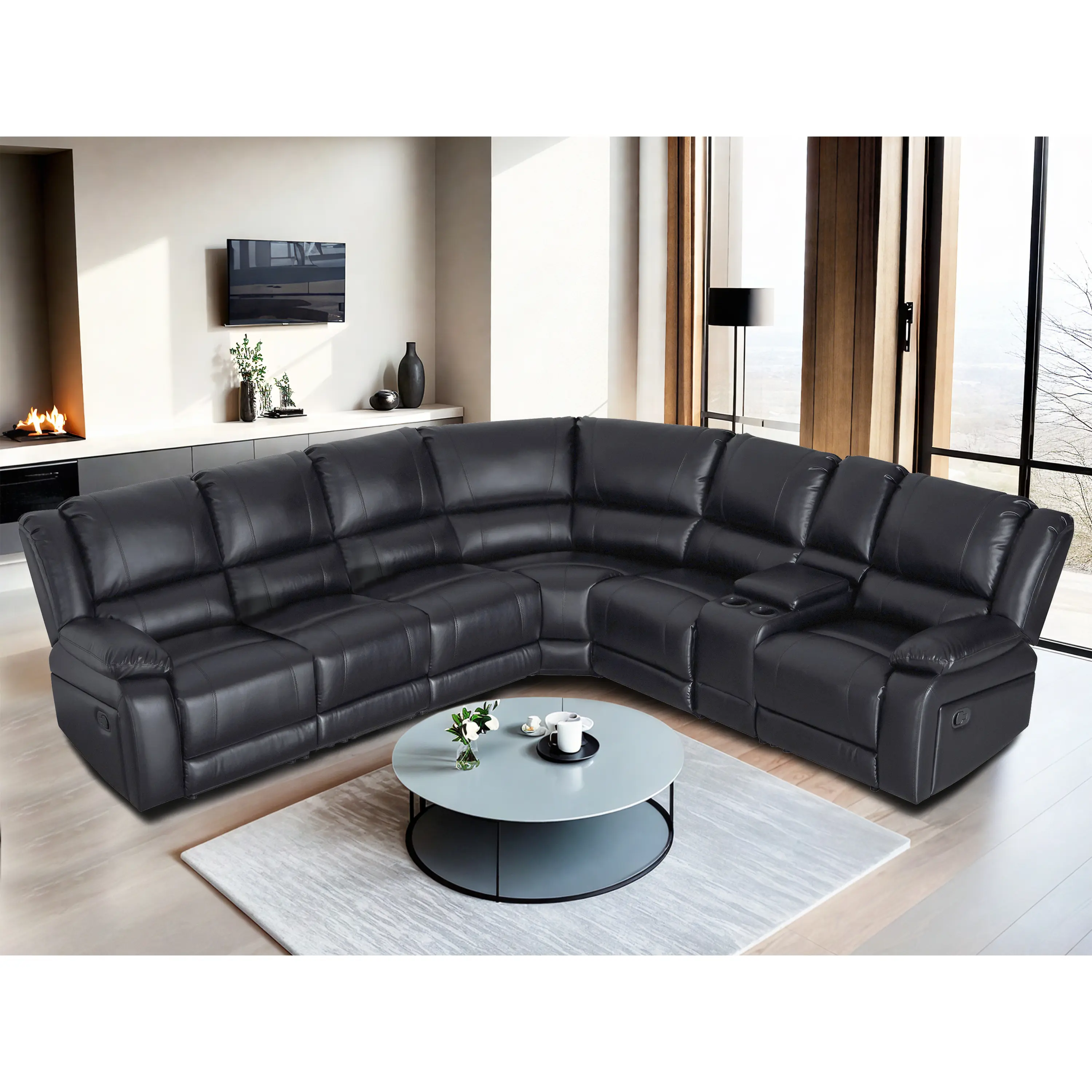 【8 Packages Shipping】Spacious 6-Seater Faux Leather Manual Reclining Sectional Sofa with one center console
