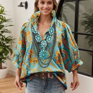 Women's Vintage Blouse Turquoise Blue & Orange Floral Print Non-Stretchy Structured Fabric V-neck Easy-Care Everyday Special Occasion Tops Boho Aesthetic Lace Detailing Breathable Material Shirts