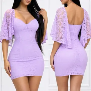Women's S25723 Stretch Lace Cape-Sleeve Bodycon Mini Dress - Lilac & Aqua, Bridal Elegance Casual Wear