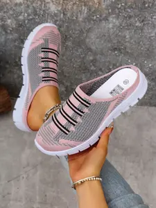 New European and American Style Flyknit Mesh Half Sandals, Round Toe Colorblock Breathable Lazy Shoes, Slip-On Lightweight Casual Shoes