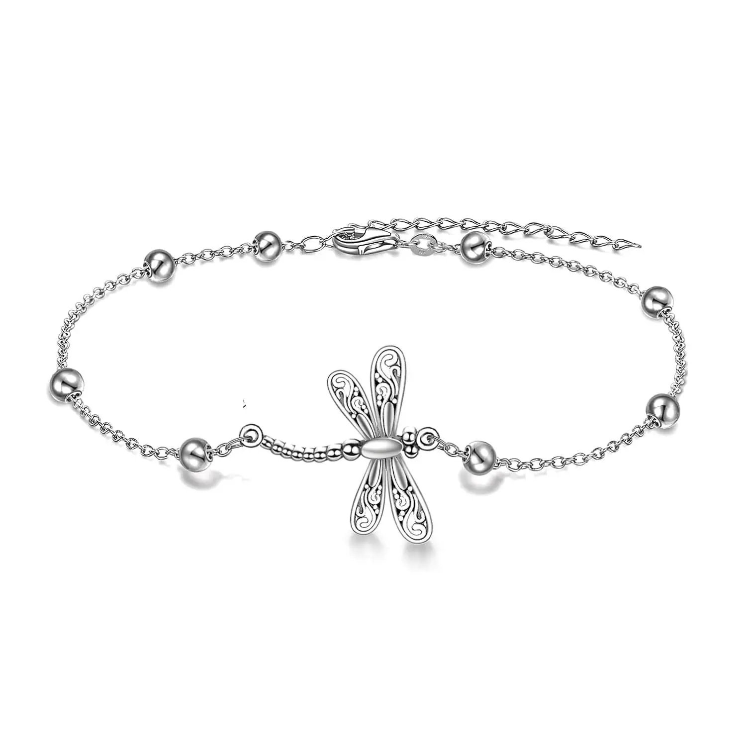 LeCalla Silver Anklets for Women | 925 Sterling Silver Adjustable Dragonfly Beads Anklet | Beaded Station Chain Ankle Bracelet Jewelry Gift for Mom Wife Sister Friend 11 Inches
