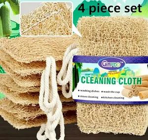 Eco-Friendly Natural Loofah Sponge Scrubber Brush 4-Piece Set - Home Kitchen Cleaning, Dishwashing Tool (Home Supplies, Sponges & Scouring Pads)