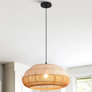 19" Webster Boho Handwoven Rattan Pendant Light, Adjustable Farmhouse Ceiling Hanging Lamp for Kitchen Island Dining Living Room