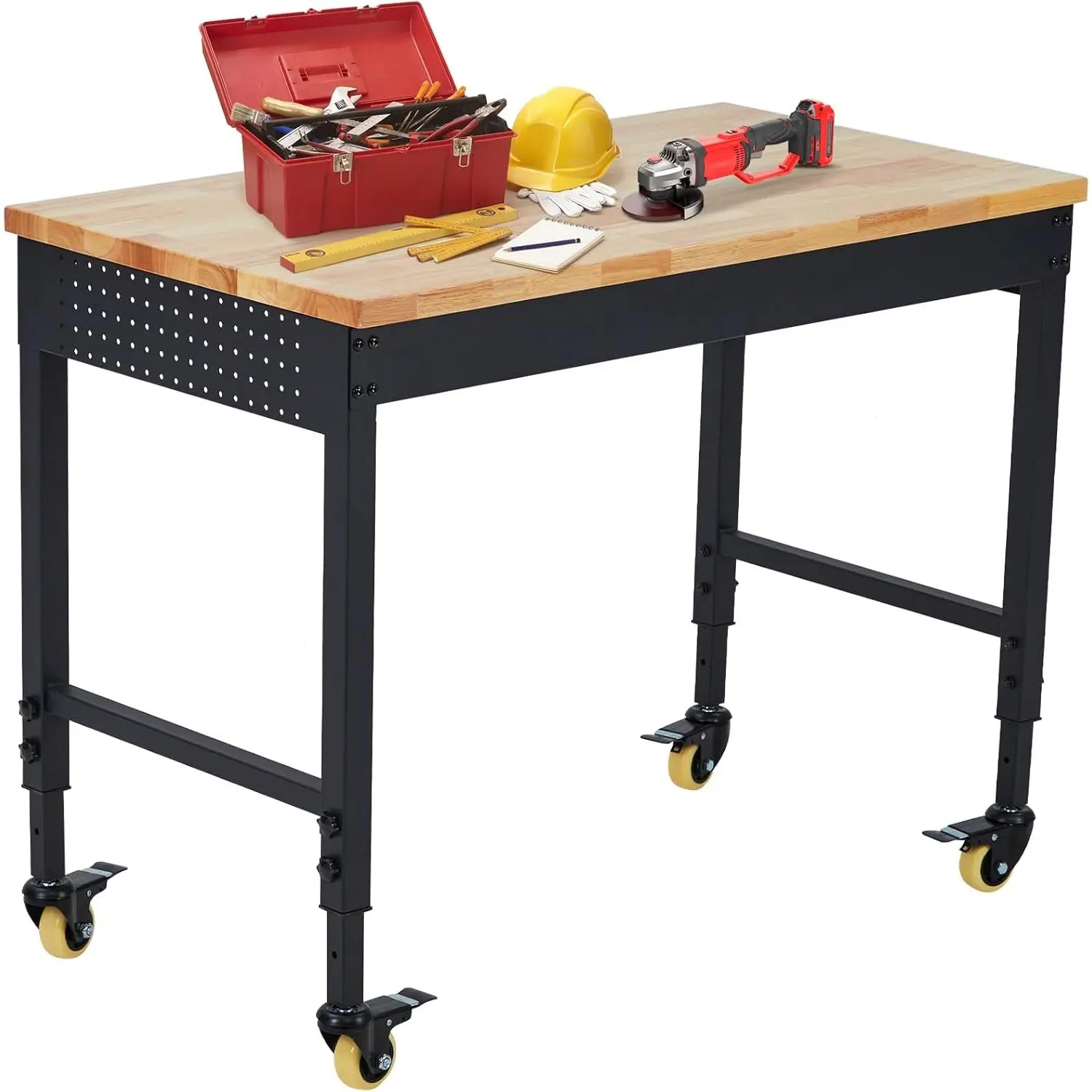 48" x 24" Heavy Duty Adjustable Height Workbench – Rubber Wood Top, 2000 lbs Load Capacity, Tool Storage Station with Drawer, Pegboard, Power Outlets & Lockable Wheels – For Warehouse