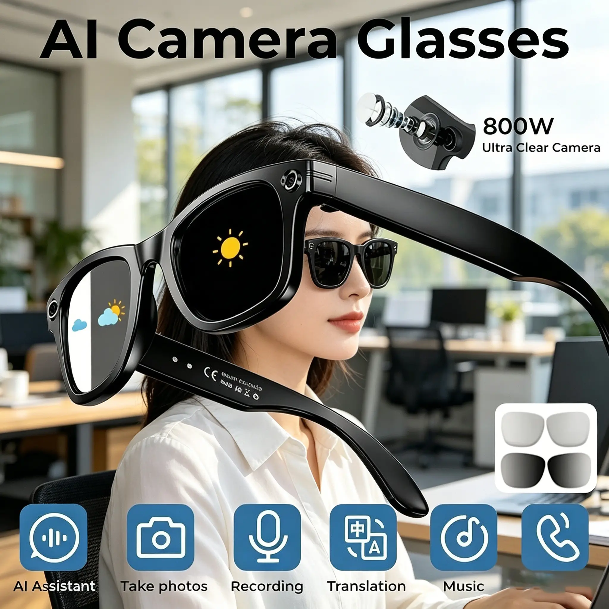 New Smart Camera Glasses, Fashion Video Goggles, Real-Time Translation, Ai Voice Assistant, Object Recognition, Dual Mic Noise Reduction