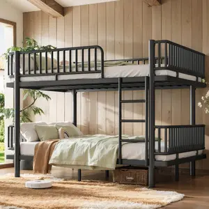 Queen Over Queen Size Metal Detachable Bunk Bed Frame with Ladder & Guardrails, for Teens, Round-Pipe Design Bunk Bed with Solid Slats, No Box Spring Required, Easy Assembly, for Bedroom, Black