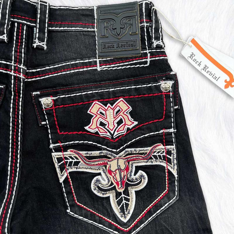 Rock Revival Black Straight Leg Jeans for Men – Western Cowboy Style Denim – Heavy Stitch Embroidered Back Pocket – Y2K Streetwear Jeans – Premium Dark Wash