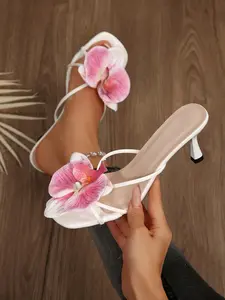 Elegant Open Toe High Heel Women Sandals, Rhinestone Flower Decor, Square Toe, Chunky Heel, Perfect for Parties and Dates, Comfortable and Stylish