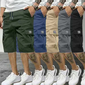 Pack of 5 men’s cargo shorts with multiple pockets—loose fit, non-stretch, solid color work shorts; casual loose shorts suitable for casual outfits; mid-length summer casual shorts.