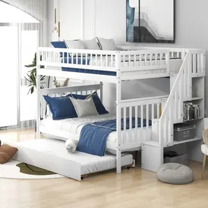 Full Over Full Bunk Bed with Trundle and Stairs, Solid Wood Bunk Bed with Storage