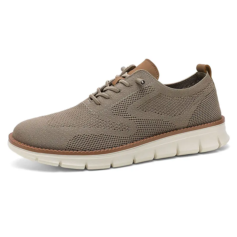 Men's Beige Wingtip Oxfords, Smart Casual Business Style in Breathable Gingham Cloth with a Round Toe, White PVC Sole, and Brown Trim, Casual Business Shoes, Smart Casual Shoes