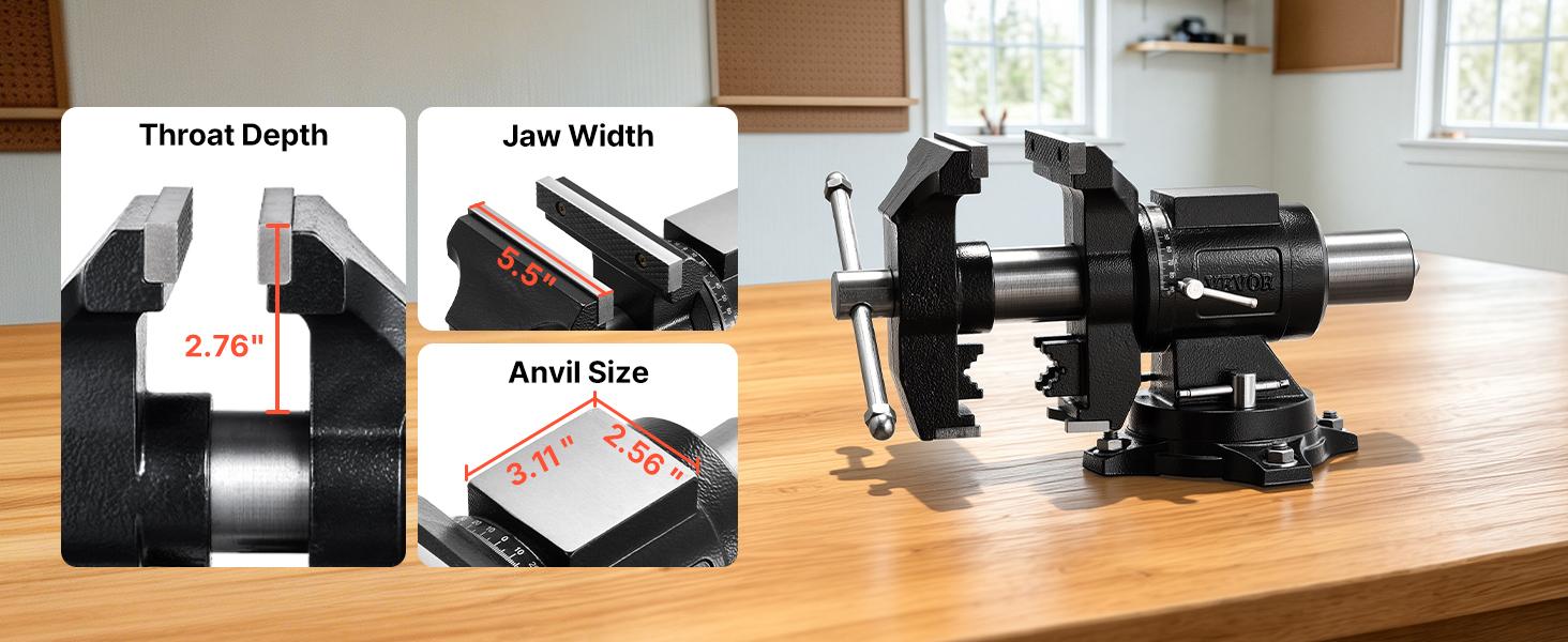 VEVOR Heavy Duty Multipurpose Ductile Iron Vise, Hardware Repair Tool with 5.5" Jaw Width, 5" Max Jaw Opening, 2.76" Throat Depth, 3.11"x2.56" Anvil, Lead Screw, 360° Swiveling Base & Locking Head, for Drilling, Pipe Cutting