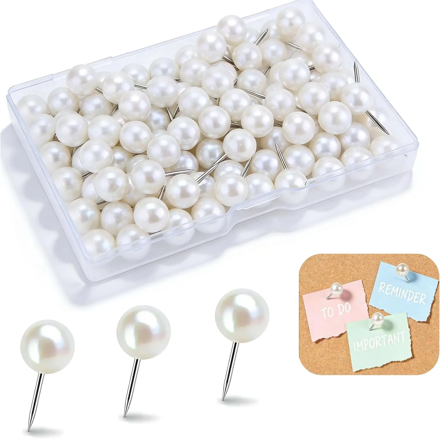 100 Pcs Pearl White Decorative Push Pins - Cute Large Round Head Thumb Tacks for Bulletin Board & Cork Board - Aesthetic Pearl Pins for Photos, Maps, Calendars, Home & Office Decor