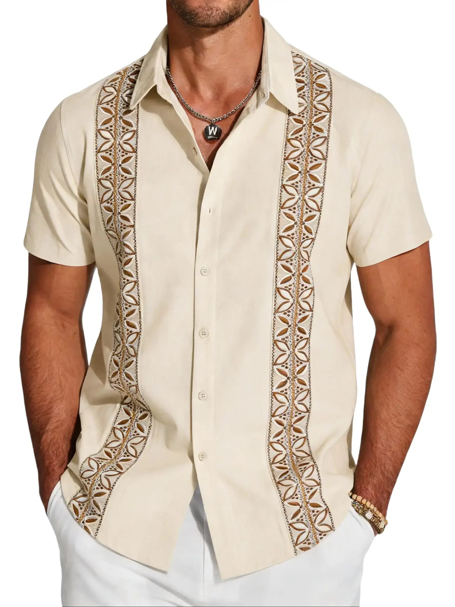 Z ZAFUL SPORTS Men's Vintage Geometric Embroidered Shirt, Casual Regular Fit Short Sleeve Polyester Button-Up with Striped Collar, Shortsleeve, Floral