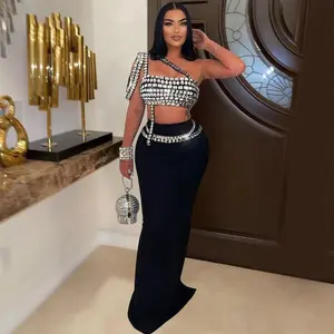2 piece one shoulder rhinestone black skirt summer outfit Womenswear Clothes