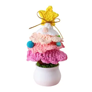 Knitted Pink Mini Christmas Tree - Crochet Simulation Bonsai Ornament, Wool & Plastic Festive Decoration, Decoration Party Supplies for Home & Mall Store