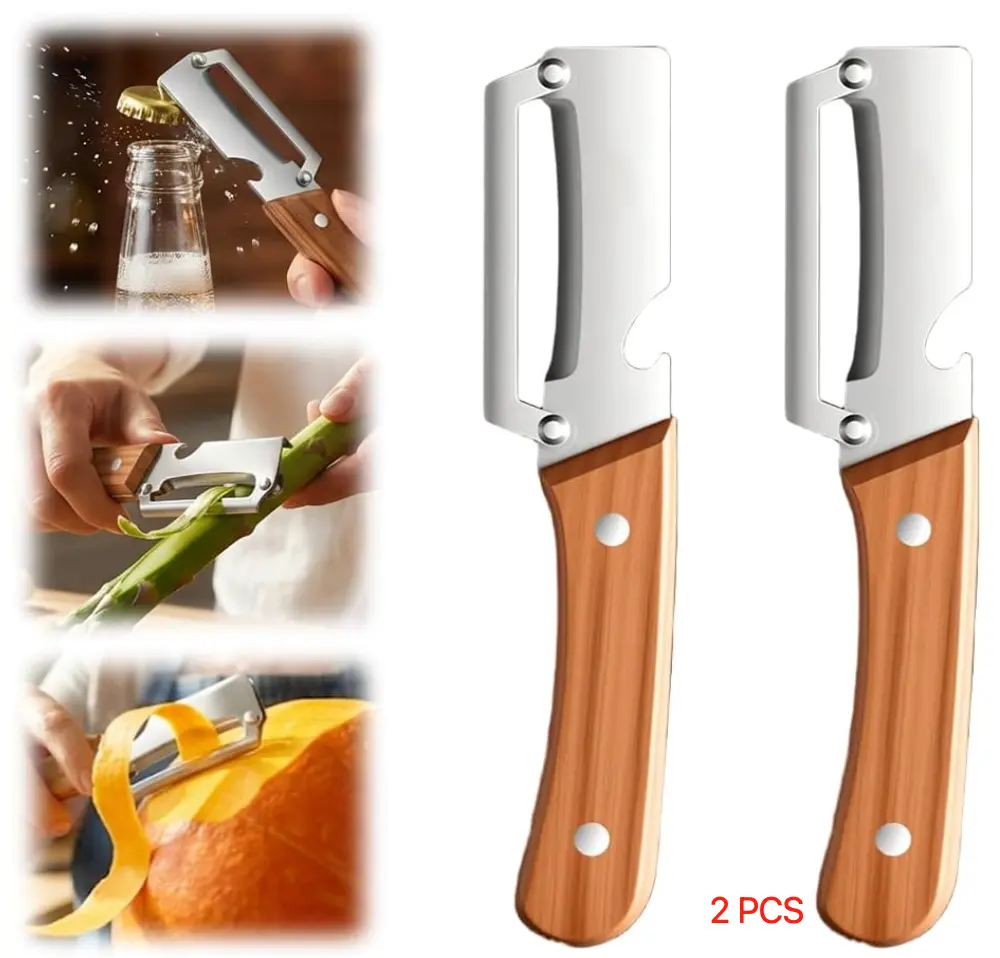 4 PCS Upgrade Vegetable Peeler With Wooden Handle, Stainless Steel Wide Blade Potato and Carrot Peeler, 3-in-1 Veggie Peeler With Scallion Shredder and Bottle Opener for Kitchen, Camping and Trave